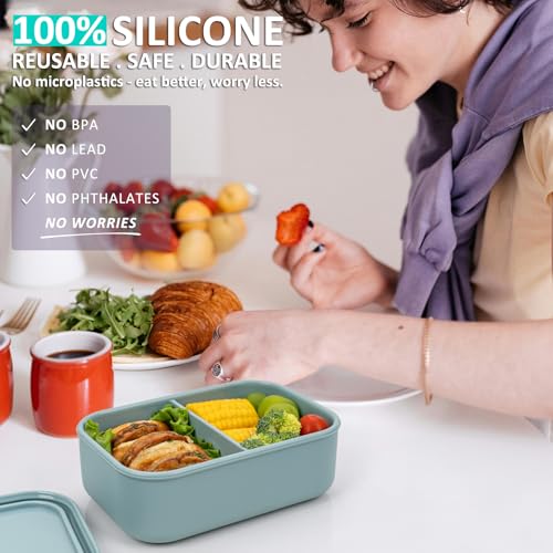 100% Silicone Bento Box Adult with 2 Compartments, 24oz, Reusable Small Divided Lunch Box Meal Prep Containers for Food Snack Storage, BPA-Free Plastic-Free, Microwave Dishwasher safe, Green - color: Green | 24oz | 2-Compartment