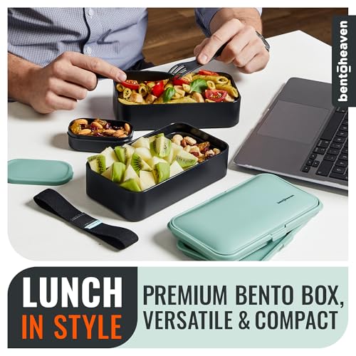 Bentoheaven Bento Box Adult, Stackable Lunch Box, 40 oz, Billie Green | BPA-free, leakproof and microwave-safe with 2 compartments, utensils, chopsticks, divider and sauce cup for men and women. - color: Billie Green