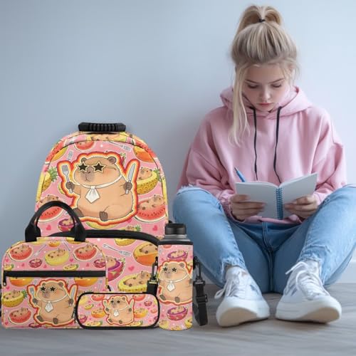 Kids Backpack Set, 4 PCS School Bag with Lunch Box, Pencil Case and Water Bottle Cover, Cute Capybara Print School Bag Set for Elementary School Students Daily Use - color: Capybara Fruit Print