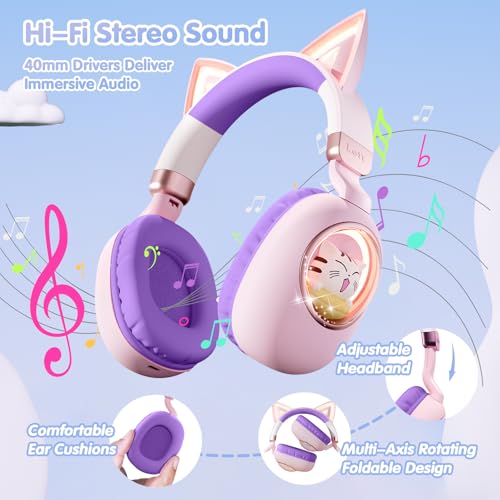 Kids Headphones Bluetooth 5.4 - Cat Ear LED Light Up Noise Cancelling Wireless Headphones with Mic, 85dB Volume Limited, Wired & Wireless Mode for Travel/School/iPad - color: Pink Purple