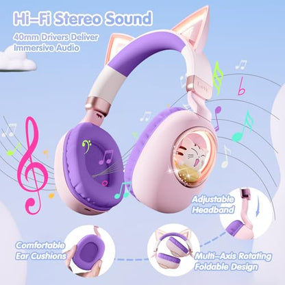 Kids Headphones Bluetooth 5.4 - Cat Ear LED Light Up Noise Cancelling Wireless Headphones with Mic, 85dB Volume Limited, Wired & Wireless Mode for Travel/School/iPad - color: Pink Purple