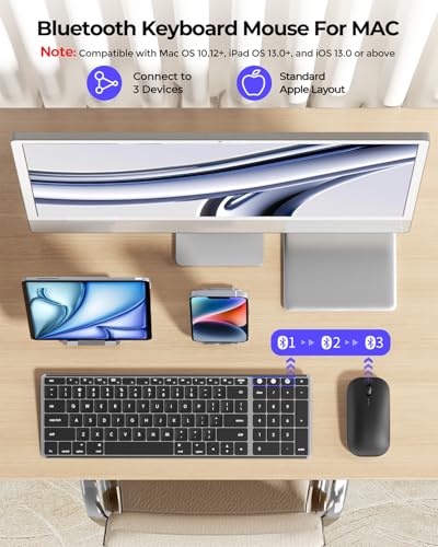seenda SKM64-2 Bluetooth Keyboard and Mouse Combo for Mac, MacBook and iPad | 3-device Bluetooth switching, rechargeable, quiet keys/clicks, compact slim design for office and home use, Black & Gray - color: Black & Gray