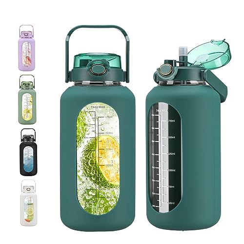 chunmo 74 oz Glass Water Bolttles with Straw Large Motivational Water Bottle with Time Marker Sports Water Bottles with Silicone Sleeve and Handle Lid 2.2L Water Jug for Gym Workout - color: Dark Green