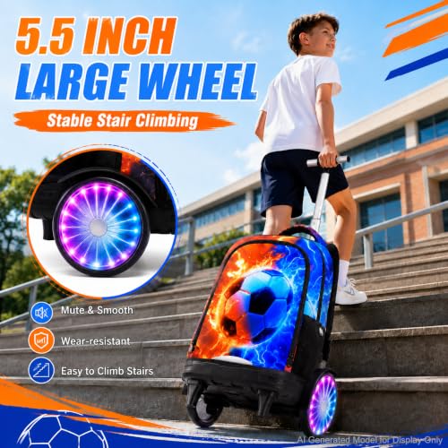 AGSDON Quiet Rolling Backpack with Lunch Box Set – Large Luminous Wheel Water‑Resistant Wheeled Bag for School, Outings, and Travel | Fire-Lightning Soccer 3‑Piece Organizer Backpack - color: Large Luminous Wheel Rolling Fire-lightning Soccer