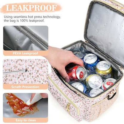 LOKASS Lunch Box for Women-16L-Insulated Lunch Bag Women, Expandable Double-layer Leakproof Cooler Bag with Upgrade Adjustable Shoulder Strap Ideal for Work/Travel/Picnics（White Flower） - color: White Flower