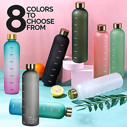 SHAPEX - Time Marked Cute Water Bottles For Women And Men With Times To Drink, BPA Free Frosted & Aesthetic Water Bottle With Time Marker, Clear Water Bottle 1 Liter | 32 Oz (Green Purple)