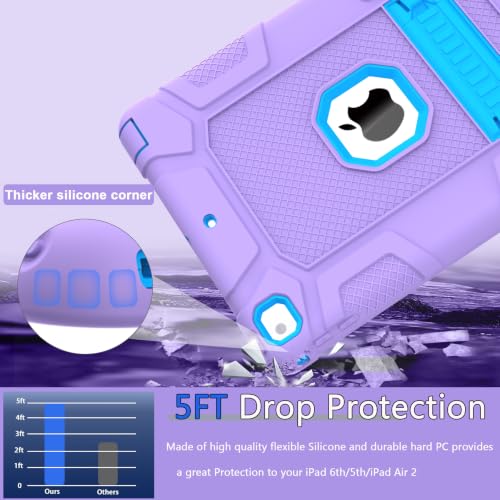 iPad 6th/5th Generation, Air 2 Case, Shockproof Rugged Cover with Kickstand for 9.7'' A1893/A1954/A1822/A1823 Tablets - color: Purple+Blue