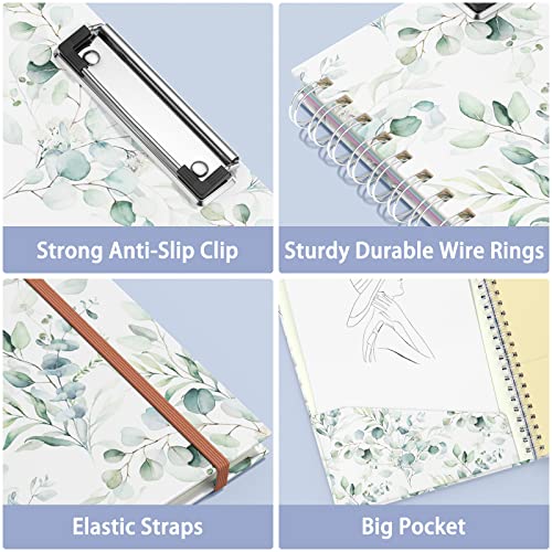Rimilak Spiral Clipboard Folio with Refillable Lined Notepad, 14.5 x 9.8 In, Hardcover Cover with 5 Interior Pockets, Elastic Band and Pen Loop Series. Cute Stylish Clipfolio, Green Leaves - color: Green Leaves