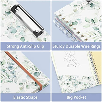 Rimilak Spiral Clipboard Folio with Refillable Lined Notepad, 14.5 x 9.8 In, Hardcover Cover with 5 Interior Pockets, Elastic Band and Pen Loop Series. Cute Stylish Clipfolio, Green Leaves - color: Green Leaves