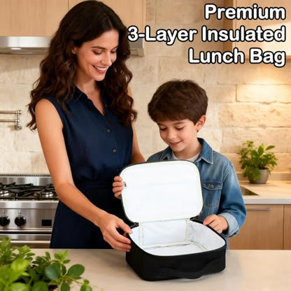 FlowFly Kids Lunch box Insulated Soft Bag Mini Cooler Back to School Thermal Meal Tote Kit for Girls, Boys, Black - color: Black