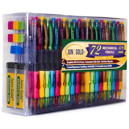 June Gold 72 Mechanical Pencils, 0.9 mm HB #2, 160 Lead & 16 Eraser Refills | 2 Lead Dispensers, Break Resistant Graphite, Convenient Side Click, Soft Non-Slip Grip