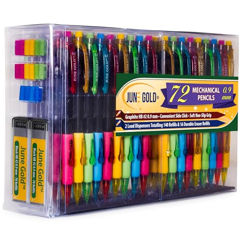 June Gold 72 Mechanical Pencils, 0.9 mm HB #2, 160 Lead & 16 Eraser Refills | 2 Lead Dispensers, Break Resistant Graphite, Convenient Side Click, Soft Non-Slip Grip