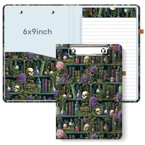 A5 Clipboard Folio 6x9in Refillable for School, Skull Bookself | No-spiral reusable notepad portfolio with sturdy cardboard cover, Travel-friendly for work, school and office - color: Skull Bookself