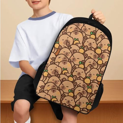 Cute Capybara Children's Backpack for Boys Girls Kids Back to School, 3rd Grade Lunch Box Pencil Case and Water Bottle Holder 4 PCS Set Art Study Supplies for Extracurricular Activities - color: Orange Capybara