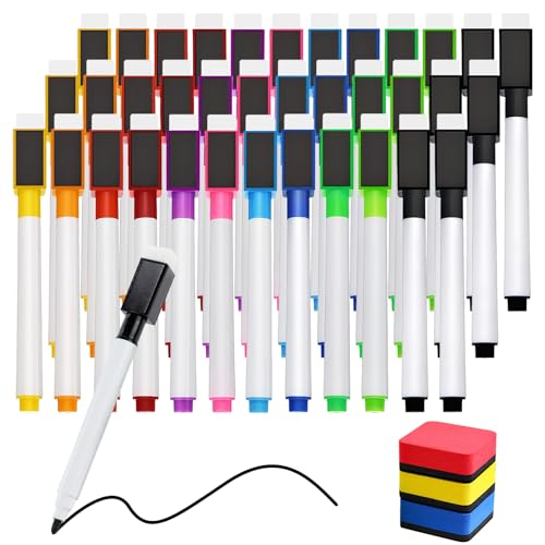 36 PCS Magnetic Dry Erase Markers with Erasers Cap & 3 Dry Erase Eraser, 11 Colors Whiteboard Markers Fine Point Tip, Mini Dry Erase Pens Bulk for Office Home