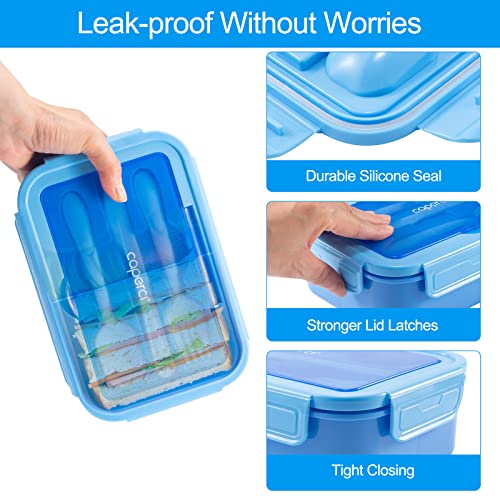 Caperci Classic Bento Lunch Box for Adult & Older Kids - Leakpoof 47 oz 3-Compartment Lunch Containers for Adults and Teens, Built-in Utensil Set, Ideal for On-the-Go, Blue - color: Blue