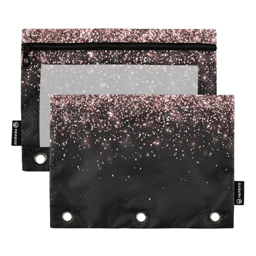 Gredecor Binder Pencil Pouch 3 Ring Rose Gold Black Glitter Zipper Pencil Pouches Case 2 Pack Clear Binder Organizer for Kids School Office - color: Rose Gold Black Glitter