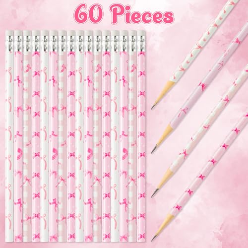 Xqumoi 60Pcs Coquette Pink Bow Pencils with Eraser - Preppy Bow #2 HB Pencils, Back to School Classroom Student Rewards, School Office Supply, Party Goodie Bag Fillers Stuffers, Birthday Party Favors - style: Pink Bow
