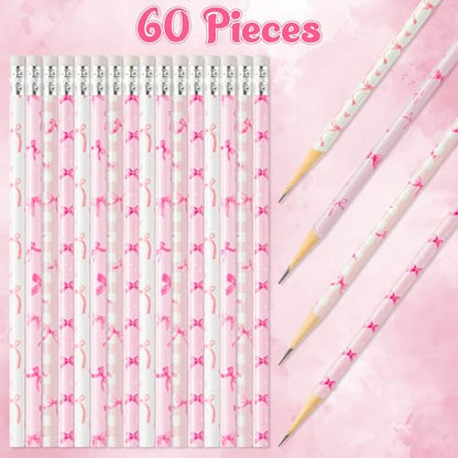 Xqumoi 60Pcs Coquette Pink Bow Pencils with Eraser - Preppy Bow #2 HB Pencils, Back to School Classroom Student Rewards, School Office Supply, Party Goodie Bag Fillers Stuffers, Birthday Party Favors - style: Pink Bow