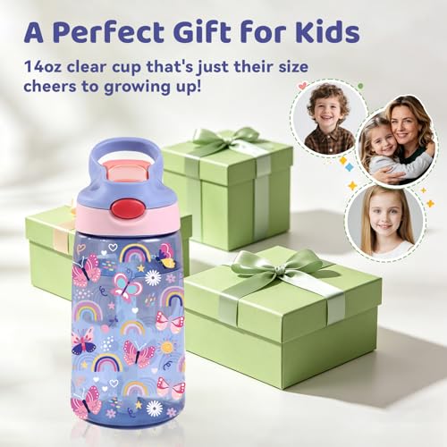 Butterfly Gifts 14oz Water Bottle with Straw - Leakproof BPA-Free Plastic Pop-Up Spout, Reusable Leak Proof Travel Bottle for Outdoor Sports - color: 1Butterfly