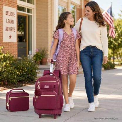 3Pcs Rolling Backpack for Girls Women, 19 Inche Adults Roller Backpacks with Wheels, School Wheeled Bookbag with Lunch Box(Wind Red) - color: Wine Red