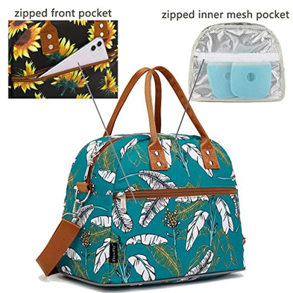 FlowFly Insulated Lunch Bag With Shoulder Strap for Women, Men, and Kids, Large and Reusable, Handle, Freezable Work and School Travel Tote and Meal Prep Organizer, leaves - color: Feather