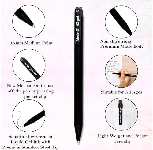 AKVINQ® 4X Gel Retractable Gel Pen | 0.7mm Medium Point | Black Gel Ink Pens | Pack of 12 Pens | Premium Matte Finish | Jumbo Refill - For Journaling, Writing, Note-Taking, Office Supplies. - size: 1 Count (Pack of 12)