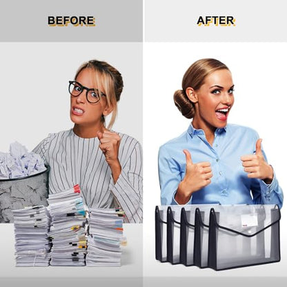 Plastic File Folders, Waterproof Transparent Expandable File Organiser, Portable Large Capacity A4B4 File Wallet for Office/Business/School (5 Pack) - color: Black&clear-5 Pack