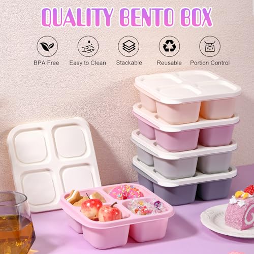Honeydak 5 Pack Snack Containers 4 Compartment Bento Snack Boxes Reusable Lunchable Containers with Lids Divided Meal Prep Lunch Food Storage Box for School Work Travel(Gray and Pink Ombre,Equal) - color: Gray and Pink Ombre, style: Equal