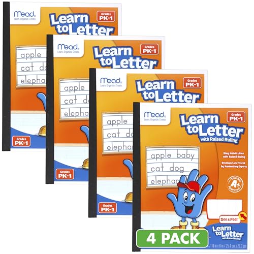 Mead Learn to Letter Writing Tablet, Handwriting Practice Pad Grades PK-1, 10" x 8", Solid & Dotted Raised Ruling, 40 Sheets, 4 Pack (480018) - size: 4 Pack, style: Grades PK-1