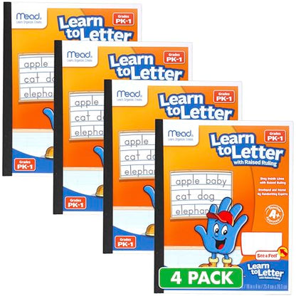 Mead Learn to Letter Writing Tablet, Handwriting Practice Pad Grades PK-1, 10" x 8", Solid & Dotted Raised Ruling, 40 Sheets, 4 Pack (480018) - size: 4 Pack, style: Grades PK-1