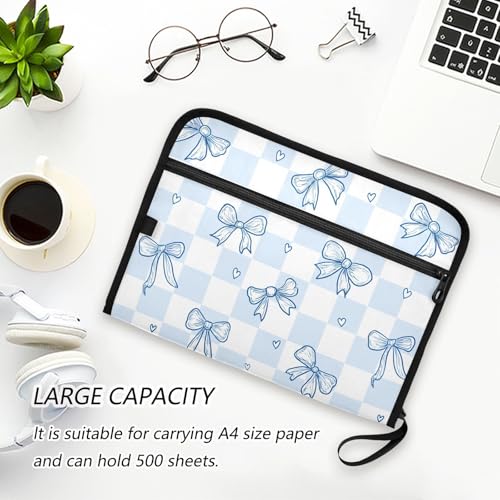 13 Pockets Expanding File Folder Blue Bow Checkboard Accordion File Organizer A4 Letter Size Paper Document Storage Zipper Expandable Folders with Labels