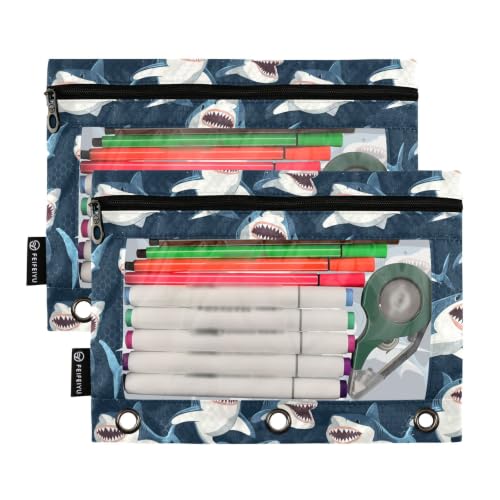 Gredecor 3 Ring Binder Pencil Pouch, Cartoon Sharks Big Mouth Zippered Pen Case Pouches with Clear Window, 2 Pack Stylish Office & School Supplie - color: Cartoon Sharks Big Mouth