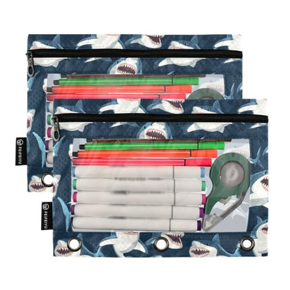 Gredecor 3 Ring Binder Pencil Pouch, Cartoon Sharks Big Mouth Zippered Pen Case Pouches with Clear Window, 2 Pack Stylish Office & School Supplie - color: Cartoon Sharks Big Mouth