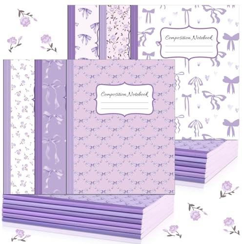 Fullhawl 6 Pack Composition Notebook College Ruled Bulk Purple Bow Composition Notebook Preppy Aesthetic for Back to School Supplies 110 Pages 9-3/4 x 7-1/2" Journal for First Day of School Office - color: Purple, size: College Ruled