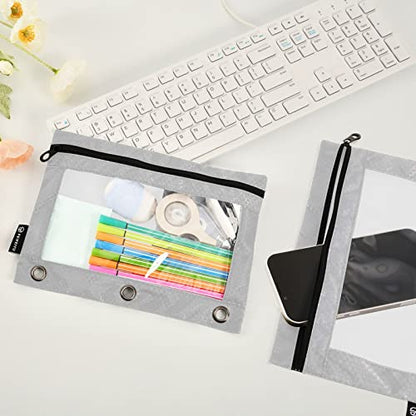 Binder Pouches,Grey Pencil Pouch for 3 Ring Binder 2 Pack Clear Pencil Bag with Zipper for Office School Supplies - color: Gray
