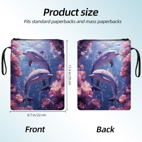 Padded Book Sleeve with Zipper & Front Pocket, Fabric Book Cover | Pink Purple Ocean Dolphins11.4"x8.7" Washable Canvas Pouch for Hardcovers, Tablets & Reading Accessories - color: Pink Purple Ocean Dolphins