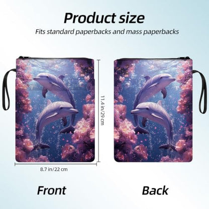 Padded Book Sleeve with Zipper & Front Pocket, Fabric Book Cover | Pink Purple Ocean Dolphins11.4"x8.7" Washable Canvas Pouch for Hardcovers, Tablets & Reading Accessories - color: Pink Purple Ocean Dolphins