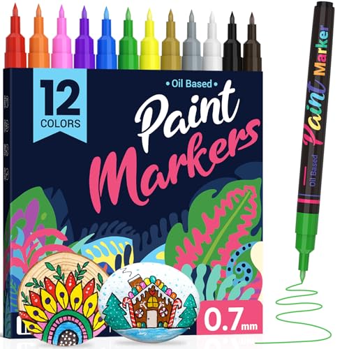 DAPAWIN Permanent Oil Based Paint Markers: Fine Point Oil Paint Pen, 12 Colors Fine Tip Waterproof Marker Pen for Rock Painting, Mark Metal, Engineer Detail Work, Wood Craft, Christmas Gift, Porcelain - size: 1 Count (Pack of 12)
