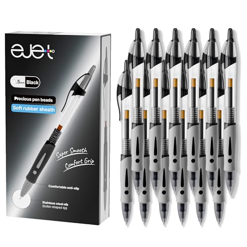 ejet 12 Pack 0.5mm Fine Line Black Gel Pens – Retractable Gel Roller Pens for Smooth Writing | Ideal for School, Office & Home Use - color: 12 Pcs 0.5mm Black Ink