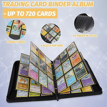 GERMUN 3 Ring 9 Pocket Zipper Card Binder, 720 Double Sided Standard PU Trading Card Album Folder for TCG & Sports Cards, Not Fit Top Loaders (Diamond Black) - color: 9 Pocket 720 Diamond Black