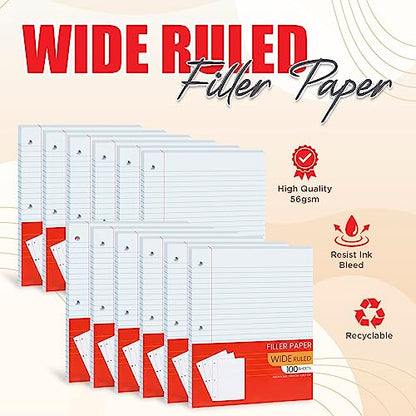 Notebook Paper Wide Ruled, Loose Leaf Paper Wide Ruled Notebook Paper Bulk, Lined Filler Paper for 3 Ring Binders - 10.5” X 8", for Student, College, School Classroom - 100 Sheets/Pack (12 Pack) - style: 12 Pack