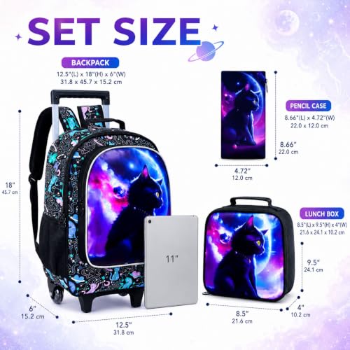 AGSDON 3PCS Rolling Backpack for Girls and Boys, Kids Roller Wheels Bookbag, Wheeled Elementary School Bag with Lunch Bag - color: Planet Cat Roller