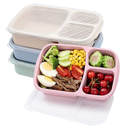 buluker 4 Pack Bento Lunch Box Set 3 Compartment Food Storage Containers Wheat Straw Meal Prep Lunch Box Plastic Food Storage Containers, Microwave and Dishwasher Safe (light colour) - color: 4 Pack（light colour)