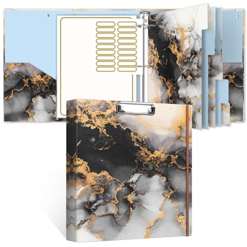 Rouidr 3 Ring Binder, 2 Inch Round Ring Binder Organizer with Clipboard, 5 Dividers Tabs, A4 8.5 x 11 Inch Paper & Clear Sleeves for School, Office Supplies, Black Gold Marble - color: Black Gold Marble, size: 2in(Letter Size)
