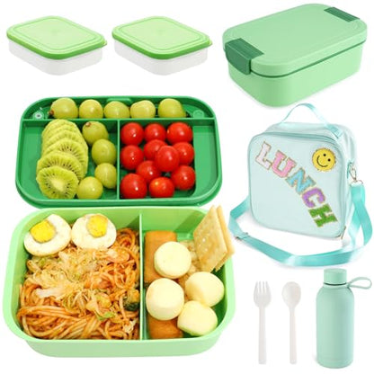 Bento Lunch Box Set for Kids - Green Nylon insulated Lunch Bag with 12oz Thermos, Leak-Proof Containers, Adjustable Strap, Birthday Gifts for Girls School Travel Picnic (Ages 3-15) - color: Green Set