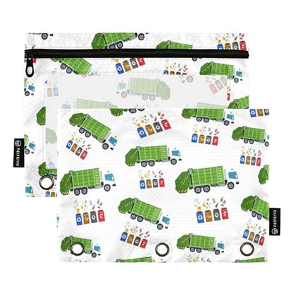 Garbage Truck Trash Recycling Pencil Pouch for 3 Ring Binder, Binder Pencil Pouches with Clear Window Zipper Pencil Case for Office College Supplies, 2PCS (B0309) - color: B0309