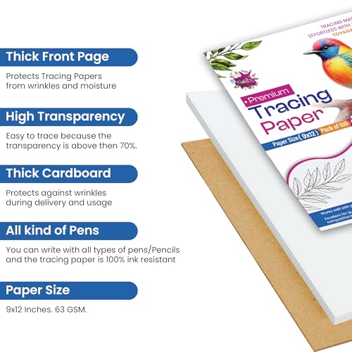 Tracing Paper 9x12 in, 100 Sheets, Transparent Sketch Paper 63gsm | Translucent, Sketching & Drafting, Overlays, Pencil Marker & Ink, Premium - size: 9" x 12" (100 Sheet)