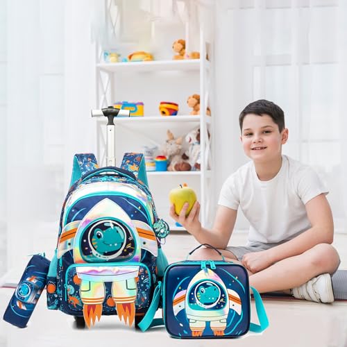 Kids Rolling Backpack with Wheels for Boys Elementary Students Kids Travel Luggage Carry on School Backpack for Boys Ages 6-8 - color: 01 Blue