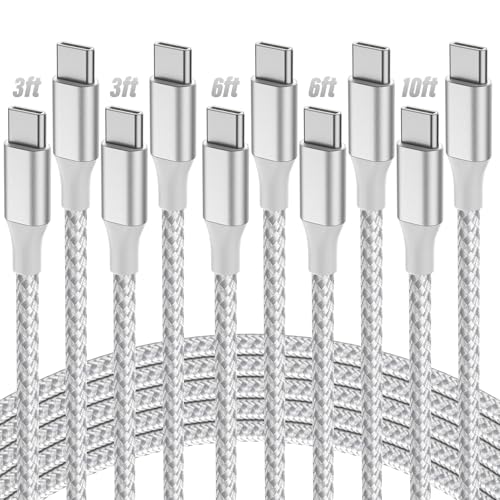 KYEHD USB C to USB C Cable, 5-Pack [3/3/6/6/10FT] 60W USBC Fast Charging Cable Nylon Braided Type C Charger Cord for iPhone 17/16 Pro and More - color: Silver